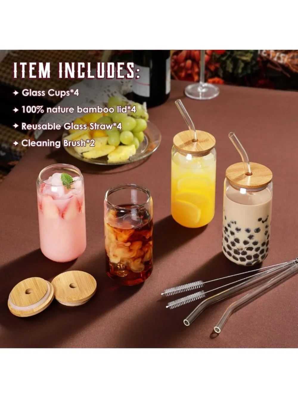 16oz Drinking Glasses Set with Bamboo Lids & Straws - Cute Iced Coffee & Tea